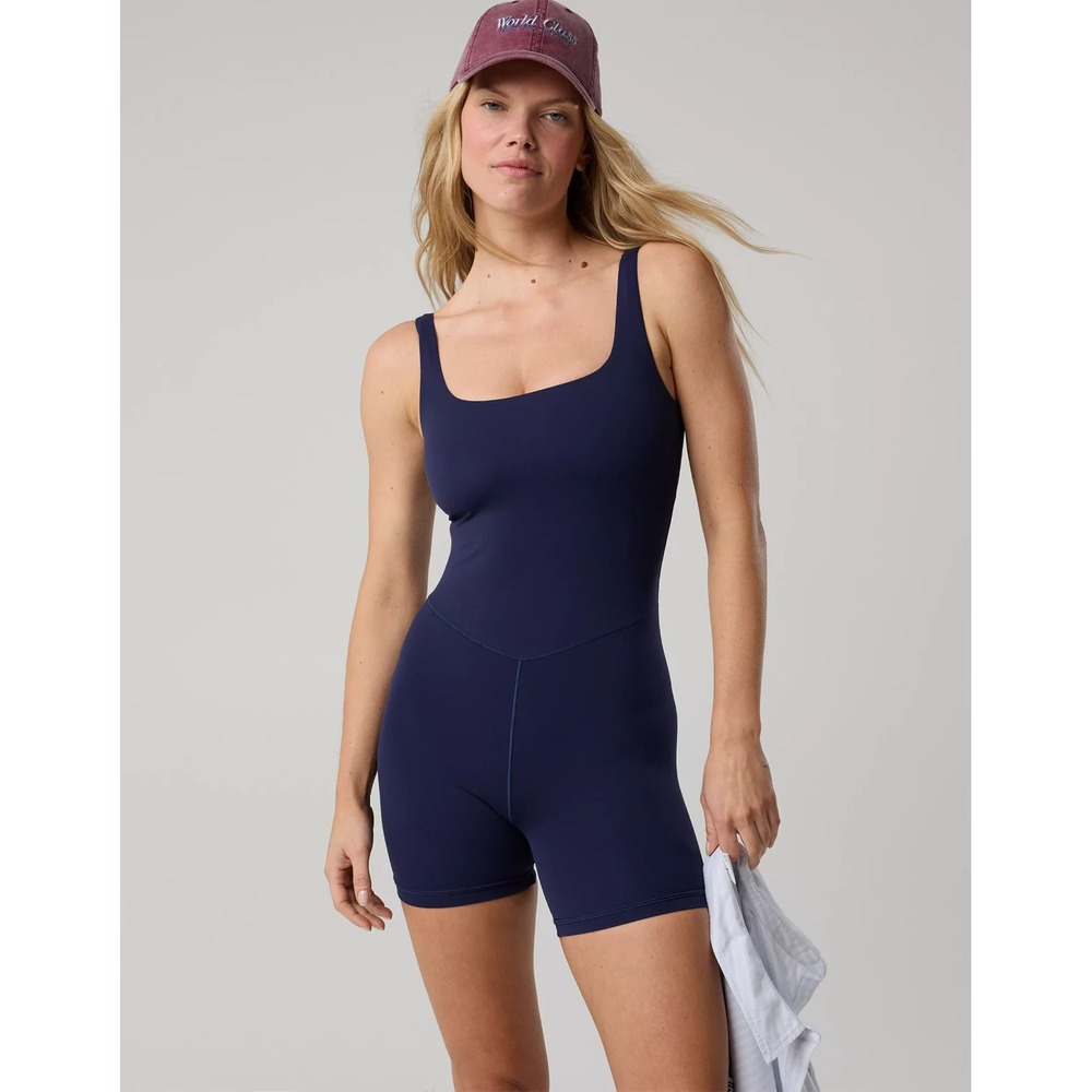 Aerie Offline Real Me XTRA Square Neck Romper Navy Blue MED Body Suit Fitness